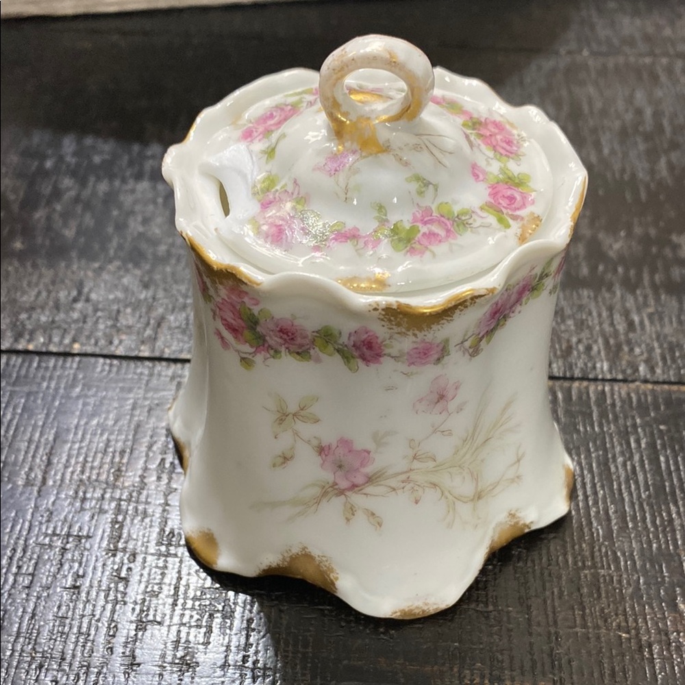 Antique Haviland & Co. Porcelain Floral Mustard Pot With Gold Trim - Pink Roses!